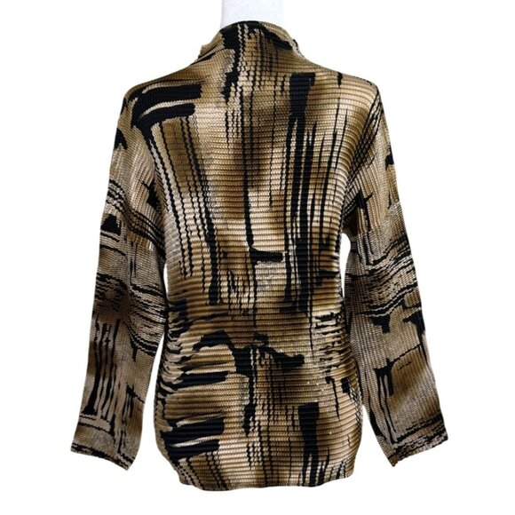 Pleated Top High-Neck Long-Sleeve Brown Black Stretch Womens Sze M - Picture 3 of 5